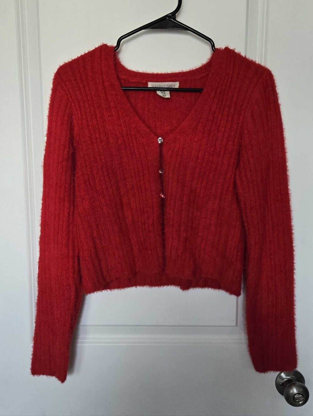 Red Fuzzy V-Neck Button-Front Cardigan Sweater